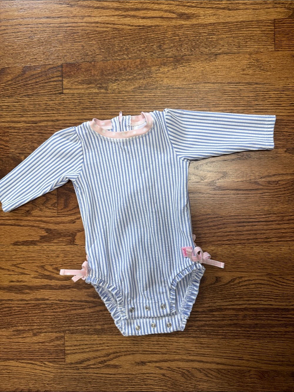 Ruffle Butts 3-6m Striped Blue and White Long-Sleeve One-Piece with Pink Trim